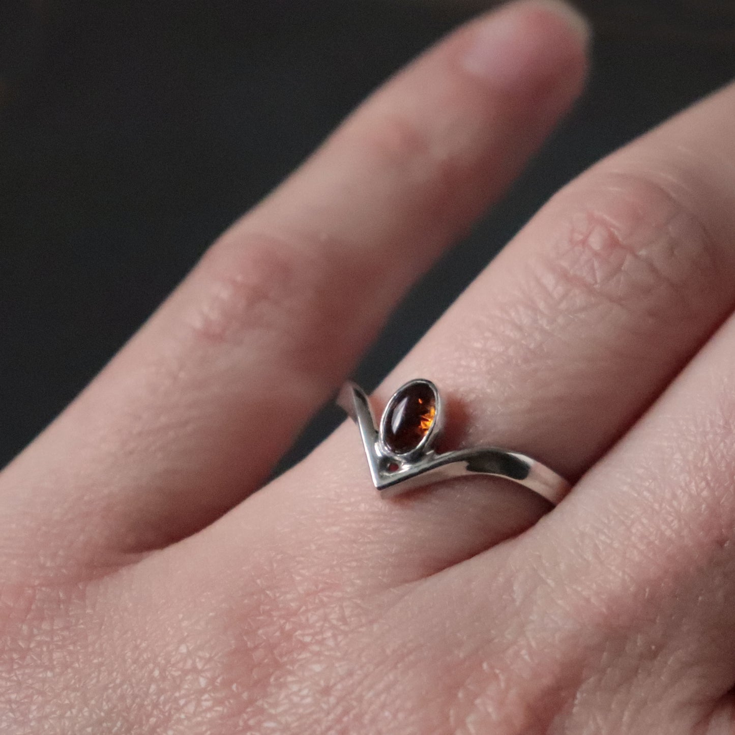 Wishbone Ring with Baltic Amber - UK size N
