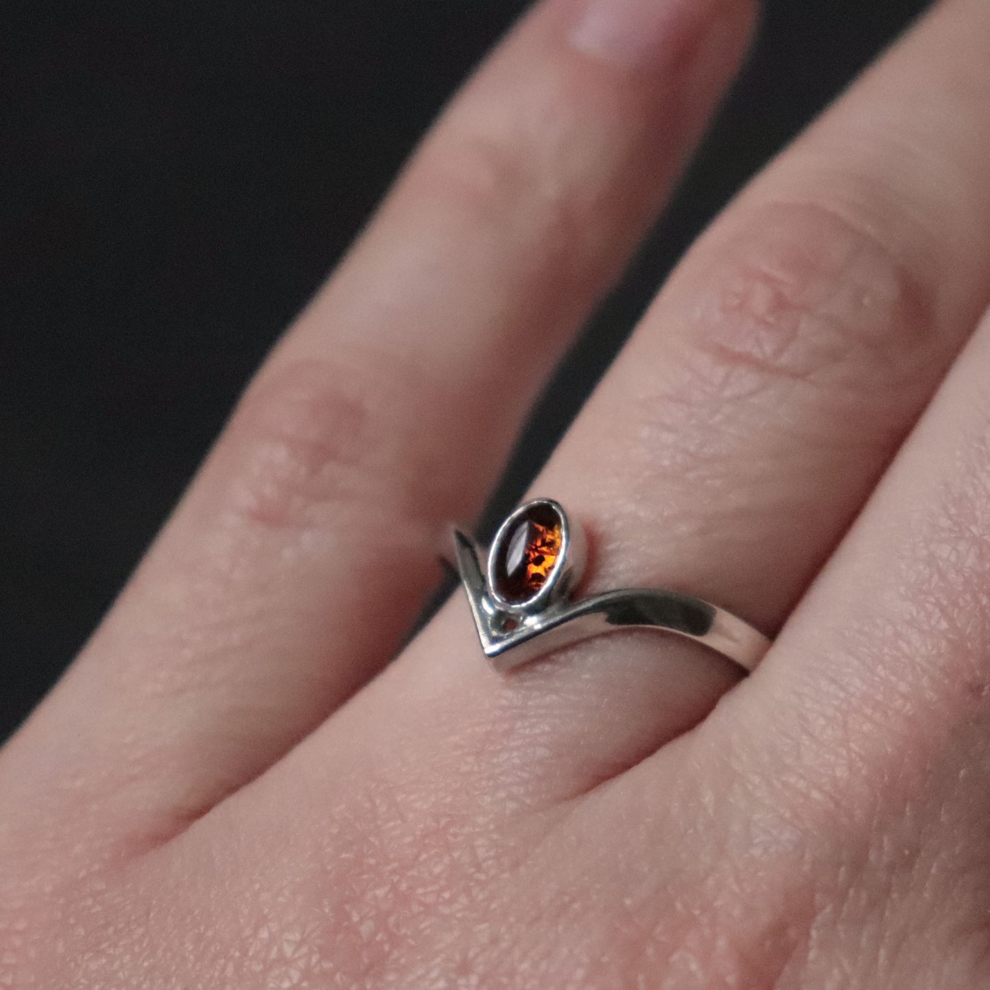 Wishbone Ring with Baltic Amber - UK size N