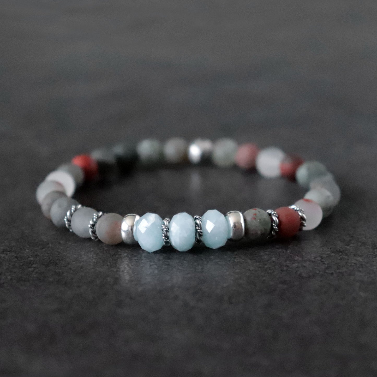 African Bloodstone & Aquamarine Stretch Bracelet - March Birthstone