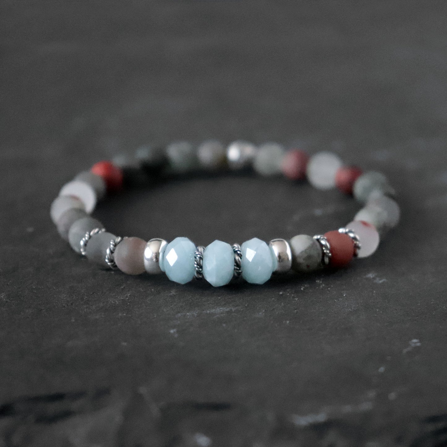 African Bloodstone & Aquamarine Stretch Bracelet - March Birthstone