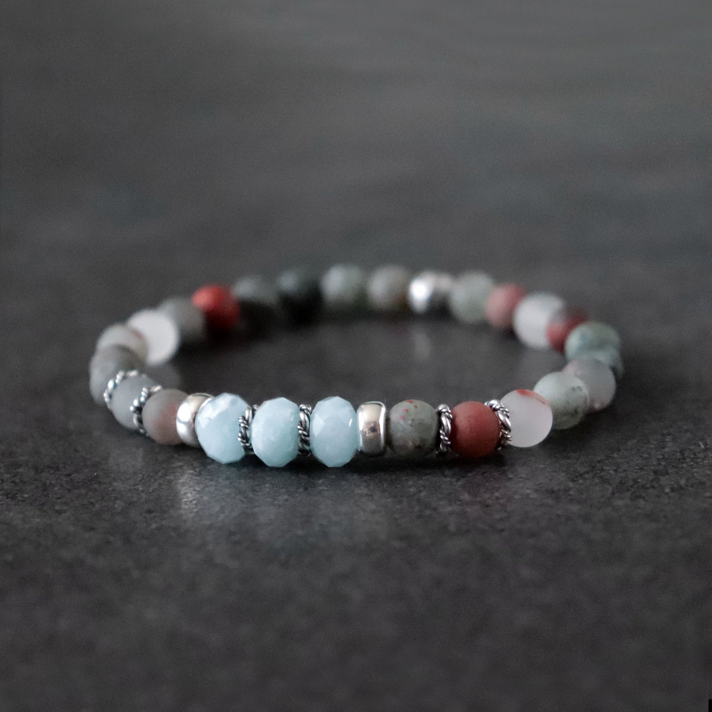 African Bloodstone & Aquamarine Stretch Bracelet - March Birthstone