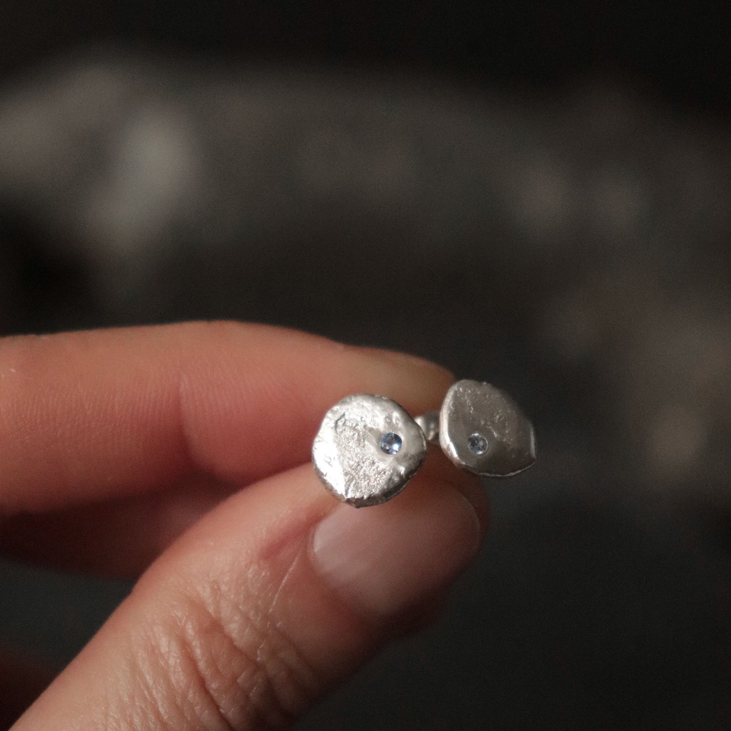 Molten Silver Stud Earrings with Blue Sapphire