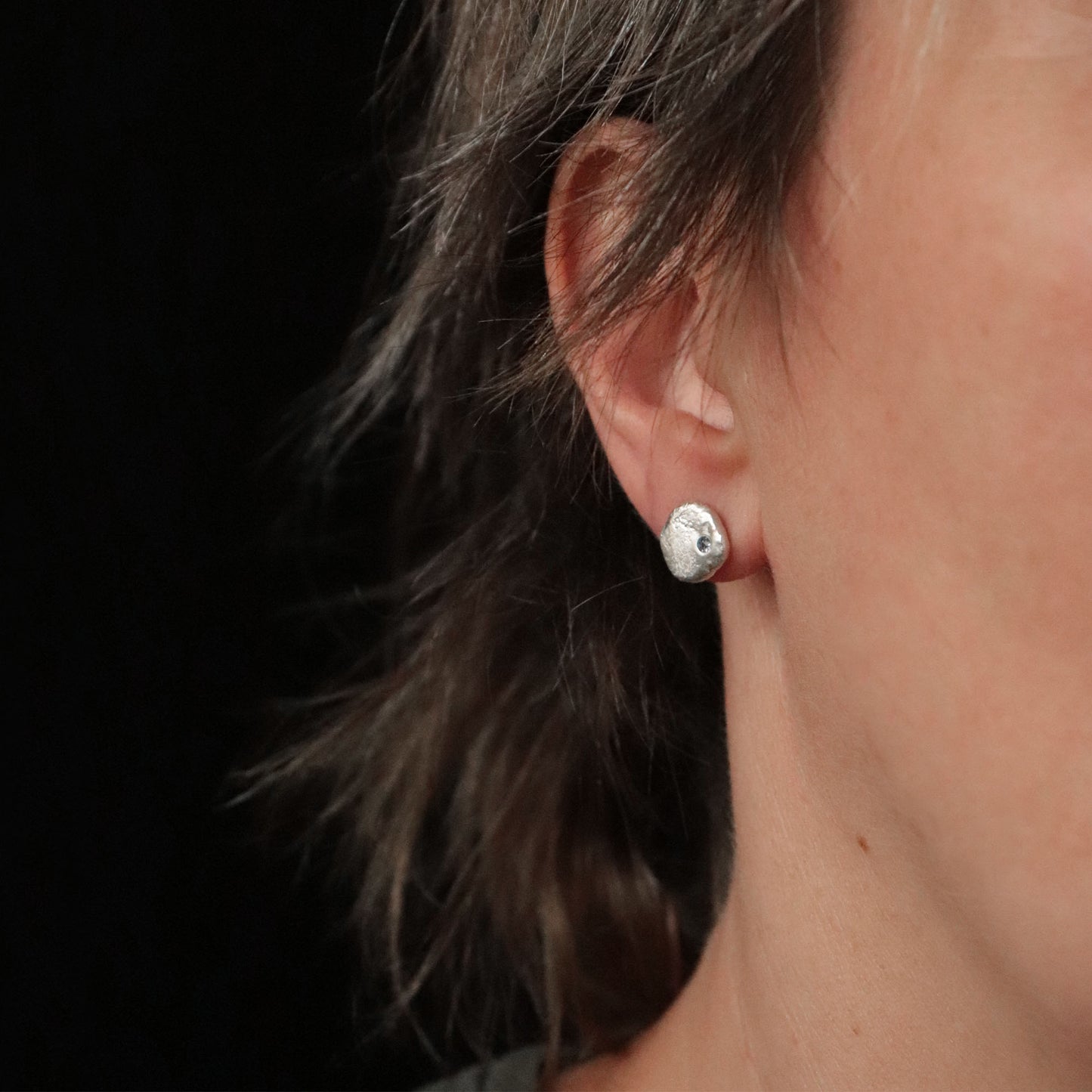 Molten Silver Stud Earrings with Blue Sapphire