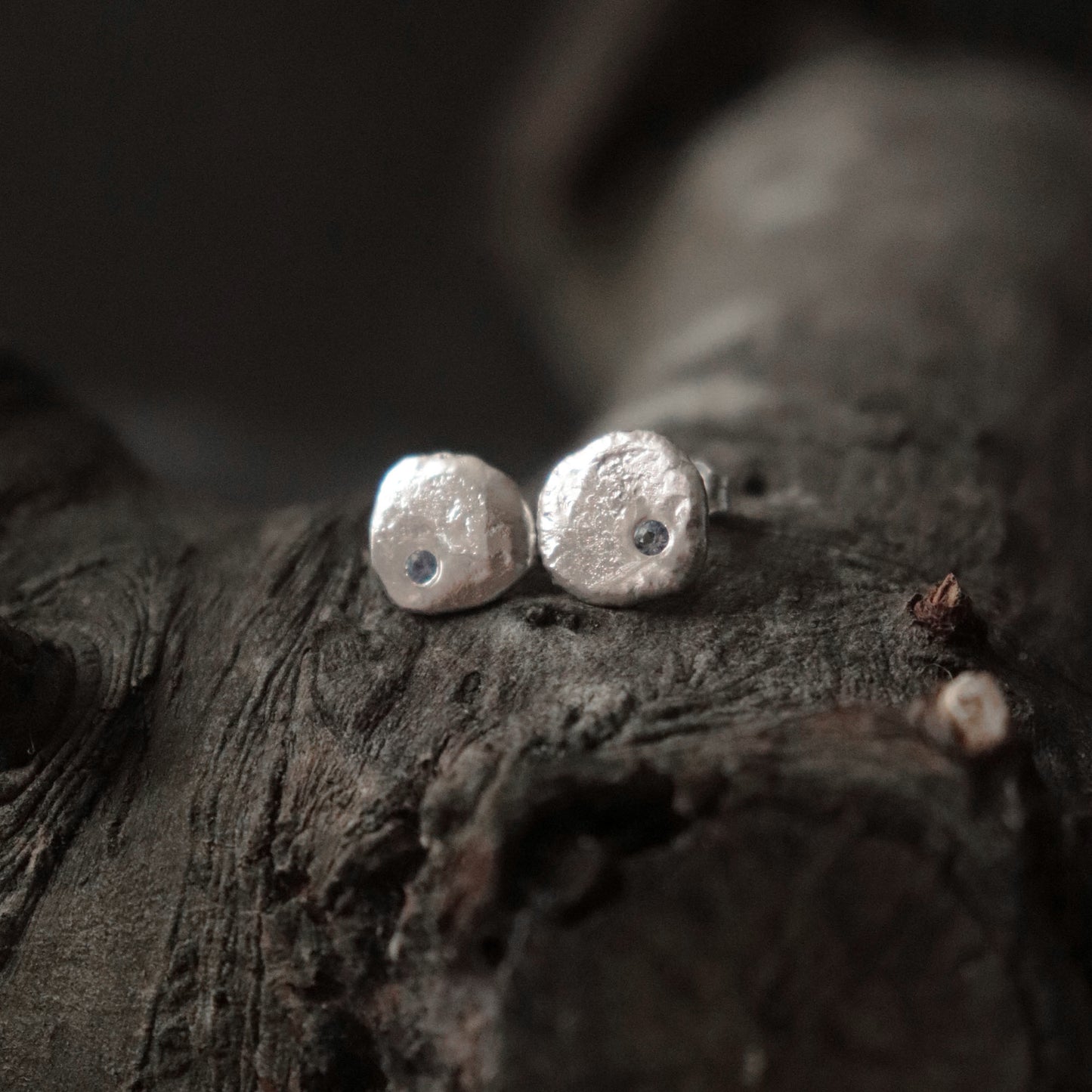 Molten Silver Stud Earrings with Blue Sapphire