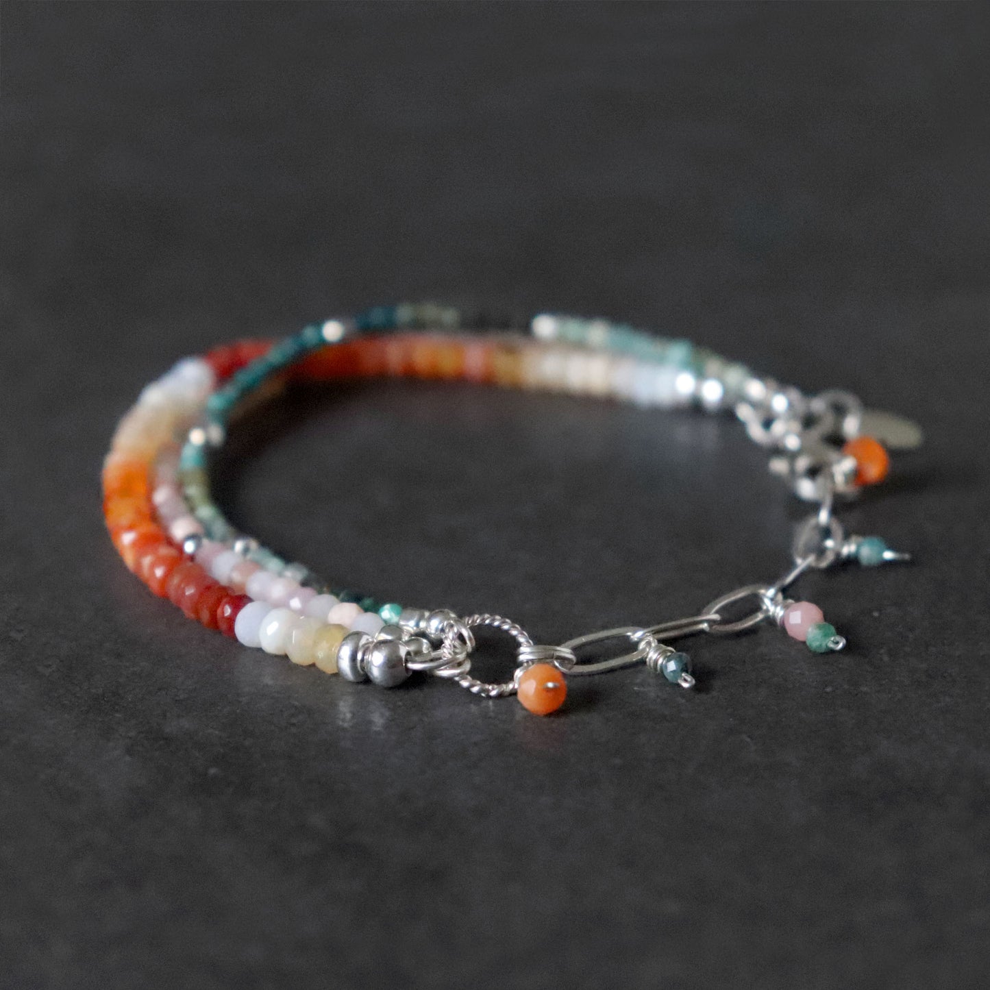 Boho Colourful Multi-Strand Bracelet with Mexican Fire Opal, Pink Opal & Chrysocolla
