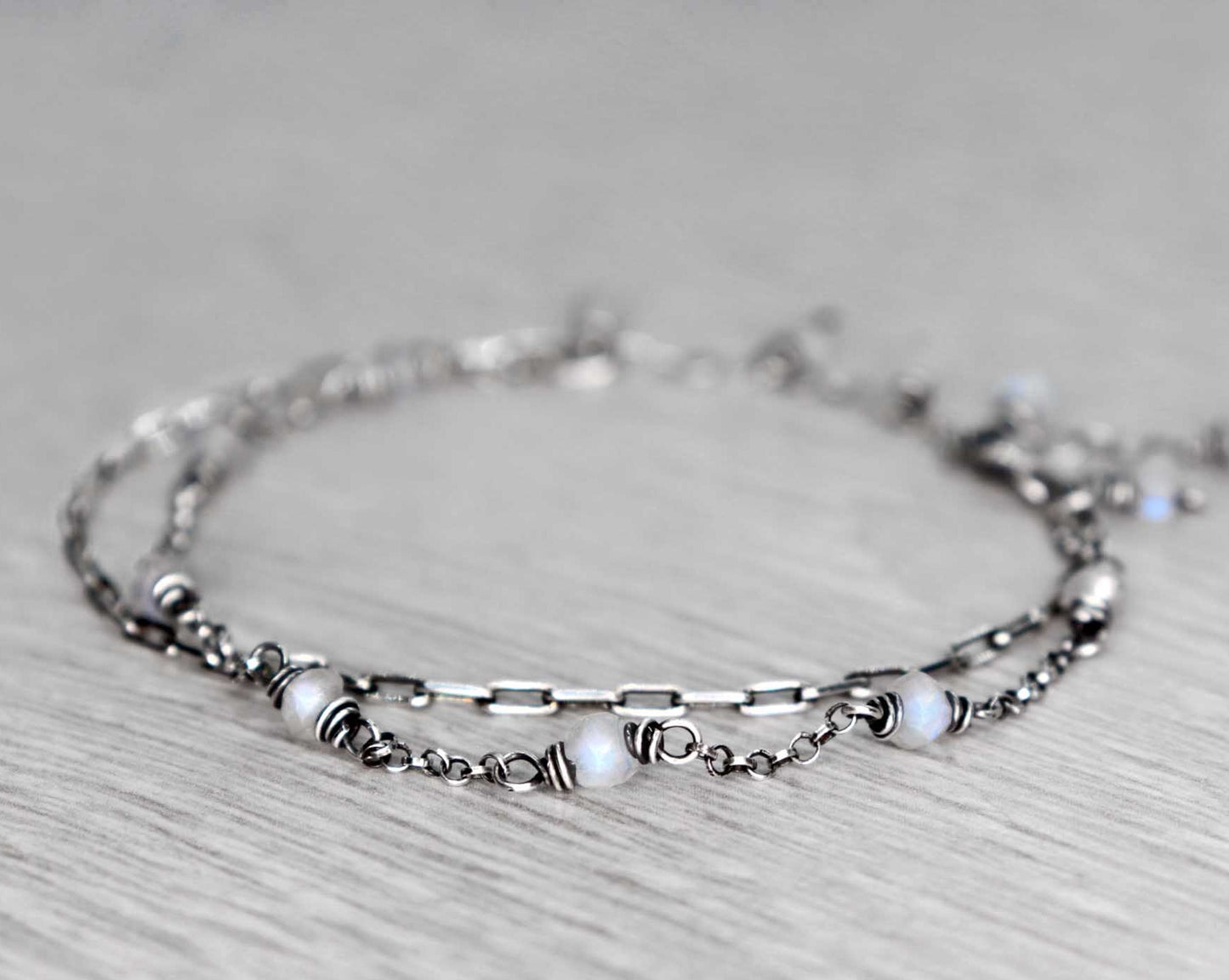 Rainbow Moonstone Double Chain Bracelet