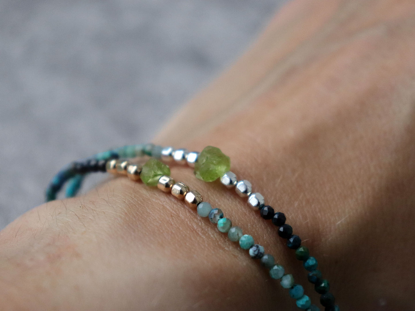 Raw Paridot and Chrysocolla Turquoise Skinny Bracelet