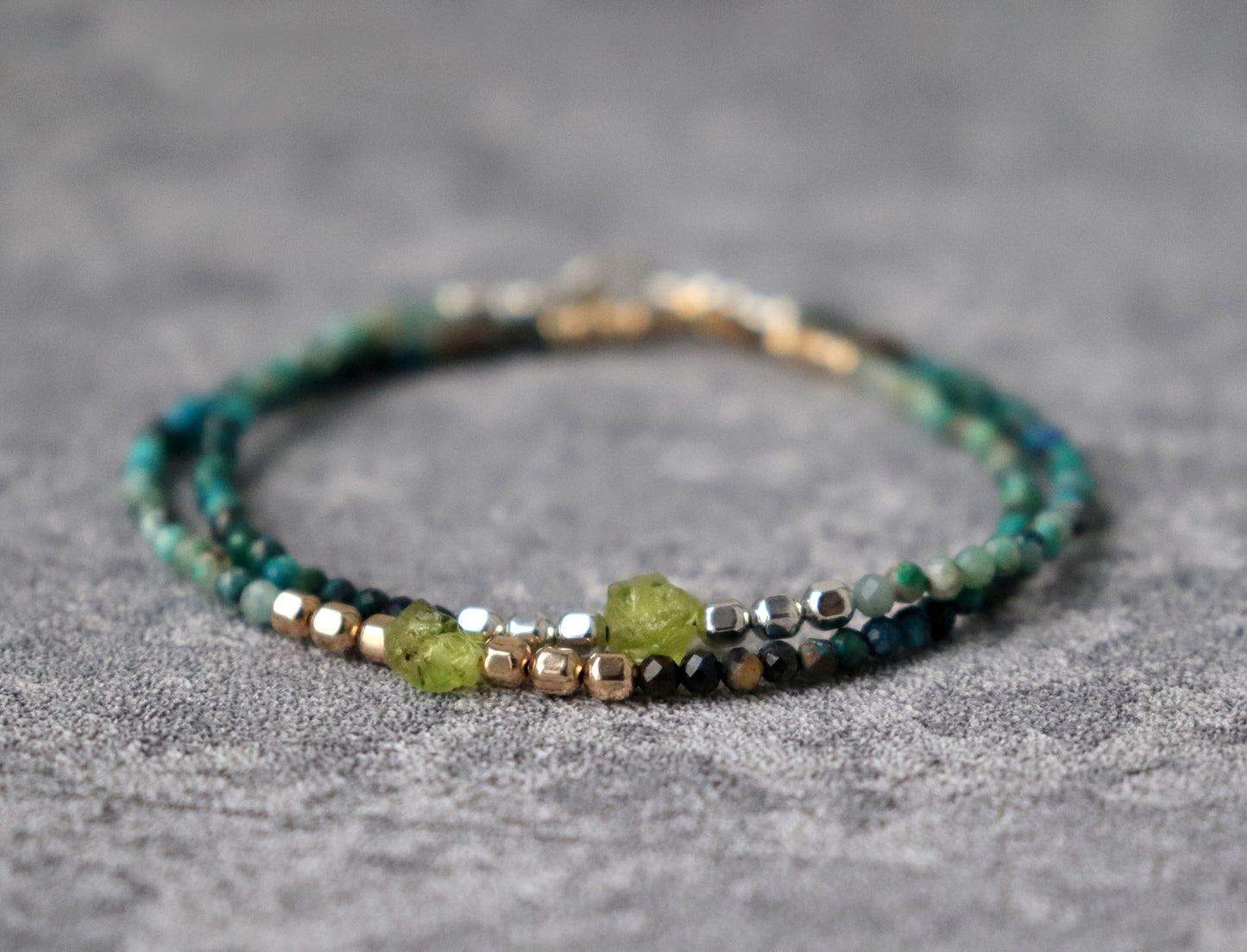 Raw Paridot and Chrysocolla Turquoise Skinny Bracelet