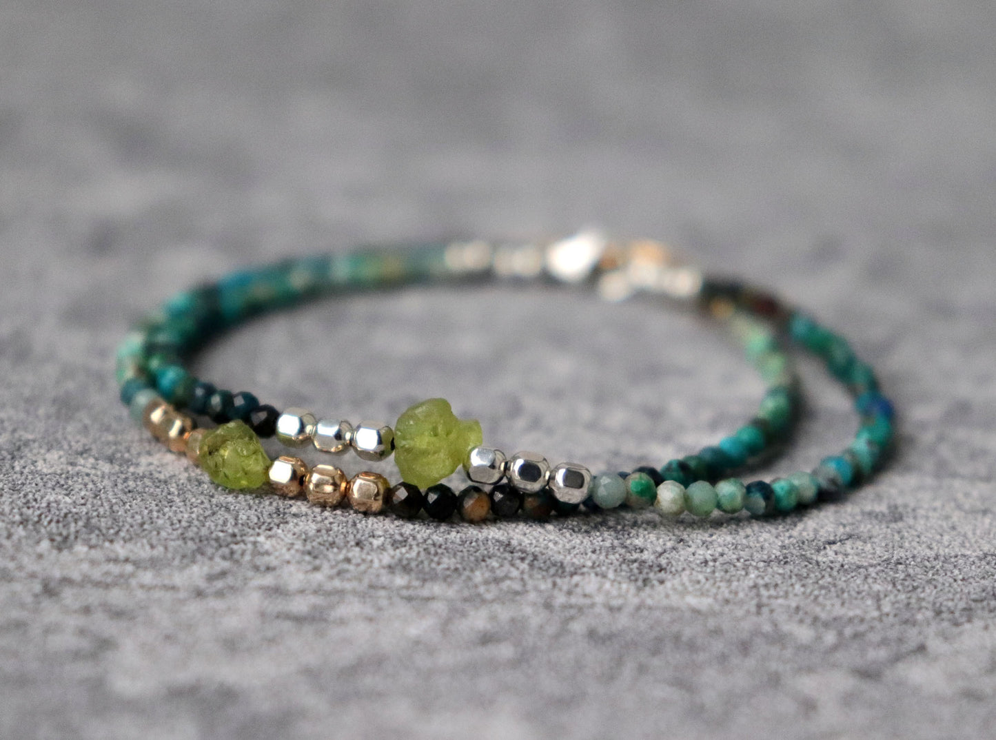 Raw Paridot and Chrysocolla Turquoise Skinny Bracelet
