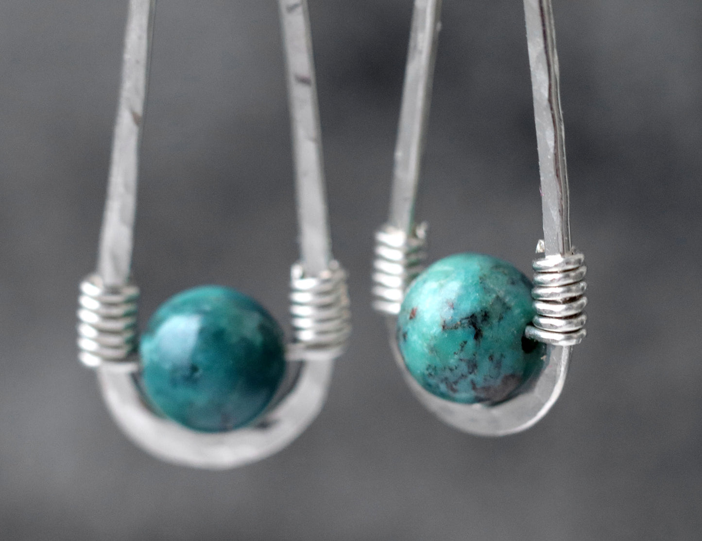 Long Hammered Teardrop Turquoise Earrings