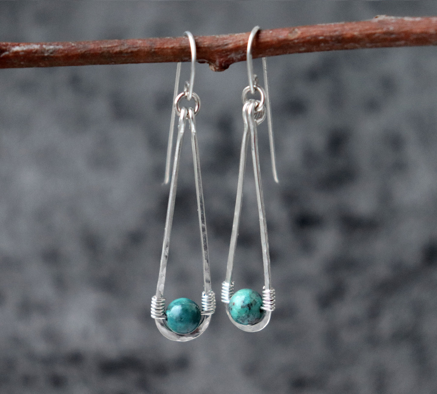 Long Hammered Teardrop Turquoise Earrings