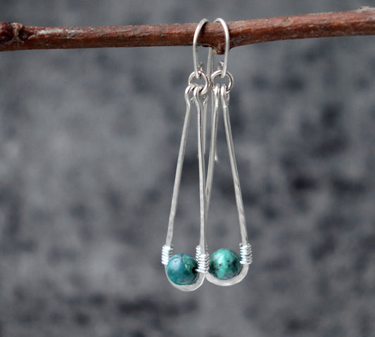Long Hammered Teardrop Turquoise Earrings