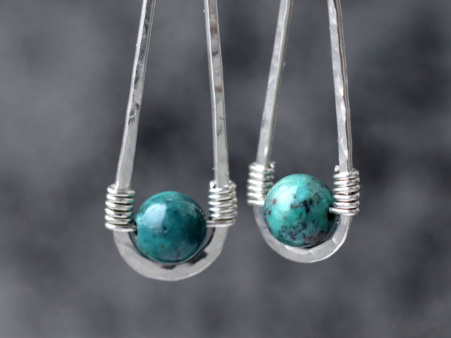 Long Hammered Teardrop Turquoise Earrings