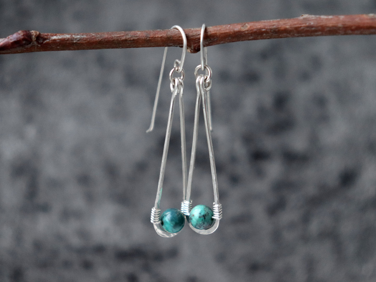 Long Hammered Teardrop Turquoise Earrings