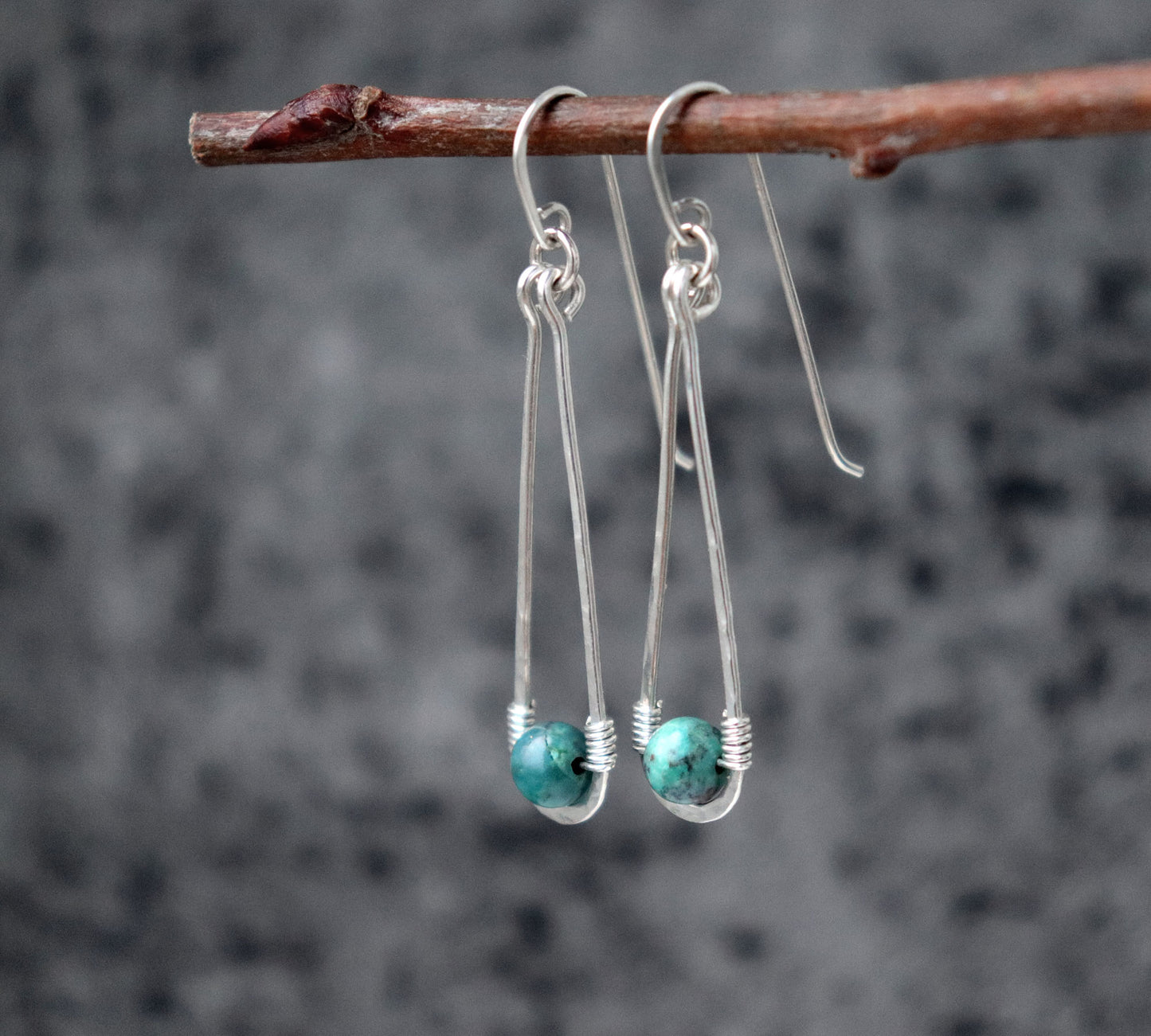 Long Hammered Teardrop Turquoise Earrings