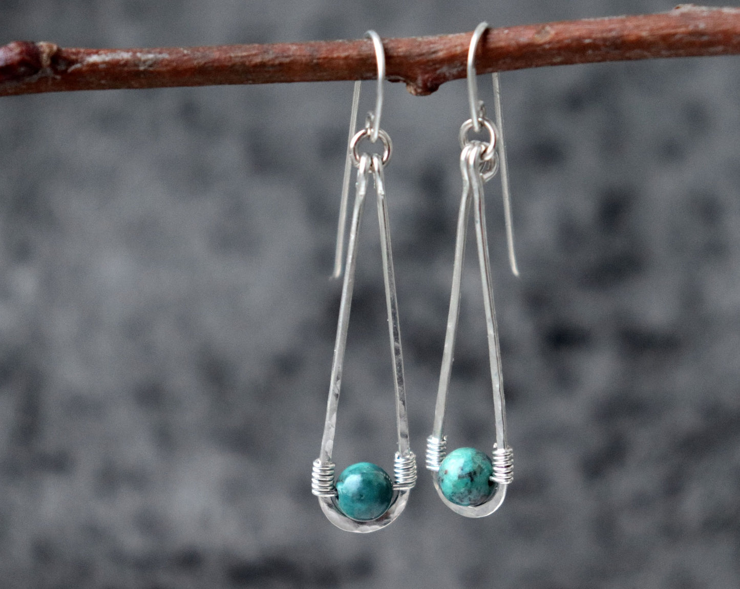 Long Hammered Teardrop Turquoise Earrings