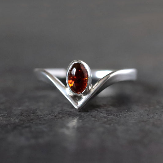 Wishbone Ring with Baltic Amber - UK size N