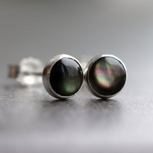 Black Mother Of Pearl Stud Earrings, Iridescent Black, White or Pink