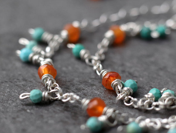 Carnelian and Turquoise Dainty Chain Bracelet