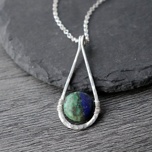 Chrysocolla Hammered Teardrop Pendant Necklace