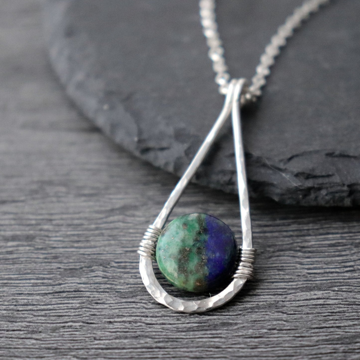 Chrysocolla Hammered Teardrop Pendant Necklace