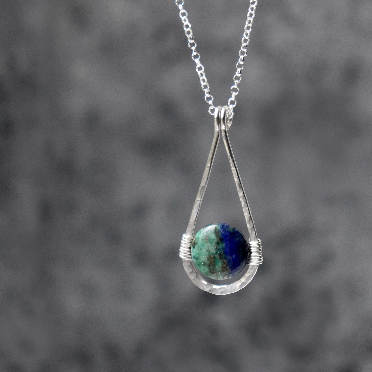 Chrysocolla Hammered Teardrop Pendant Necklace