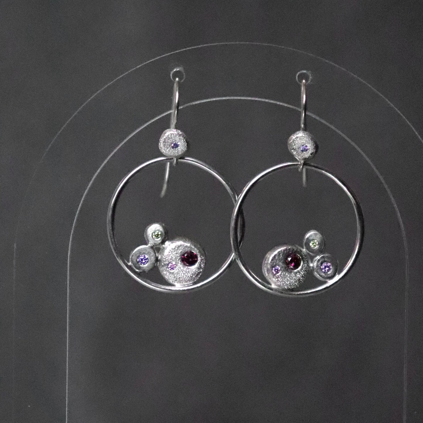 Dangly Hoop Earrings with Silver Pebbles and Colourful Cubic Zirconia