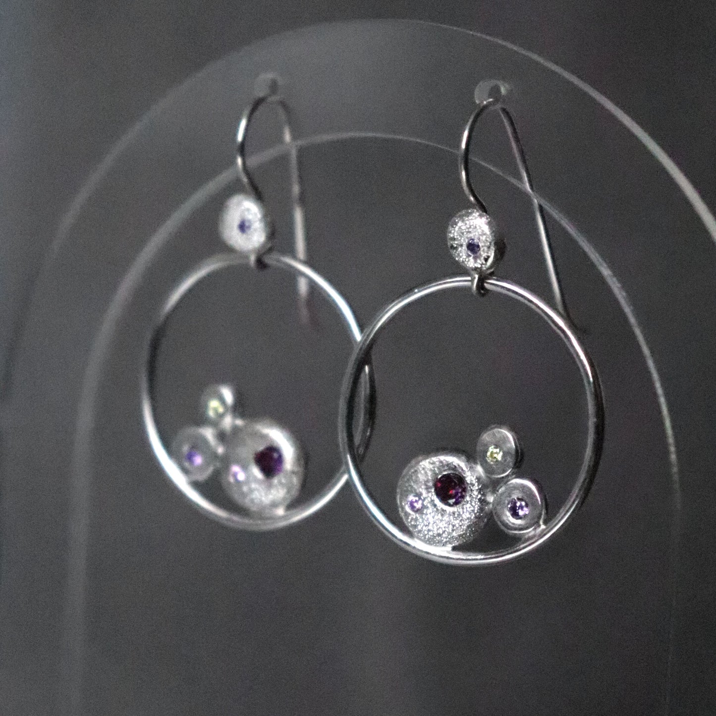 Dangly Hoop Earrings with Silver Pebbles and Colourful Cubic Zirconia