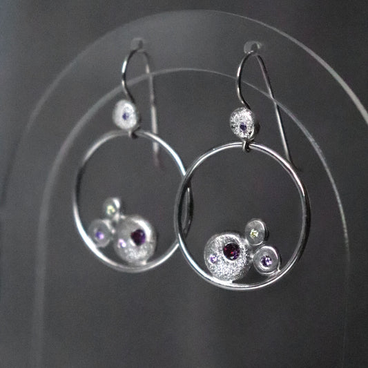 Dangly Hoop Earrings with Silver Pebbles and Colourful Cubic Zirconia