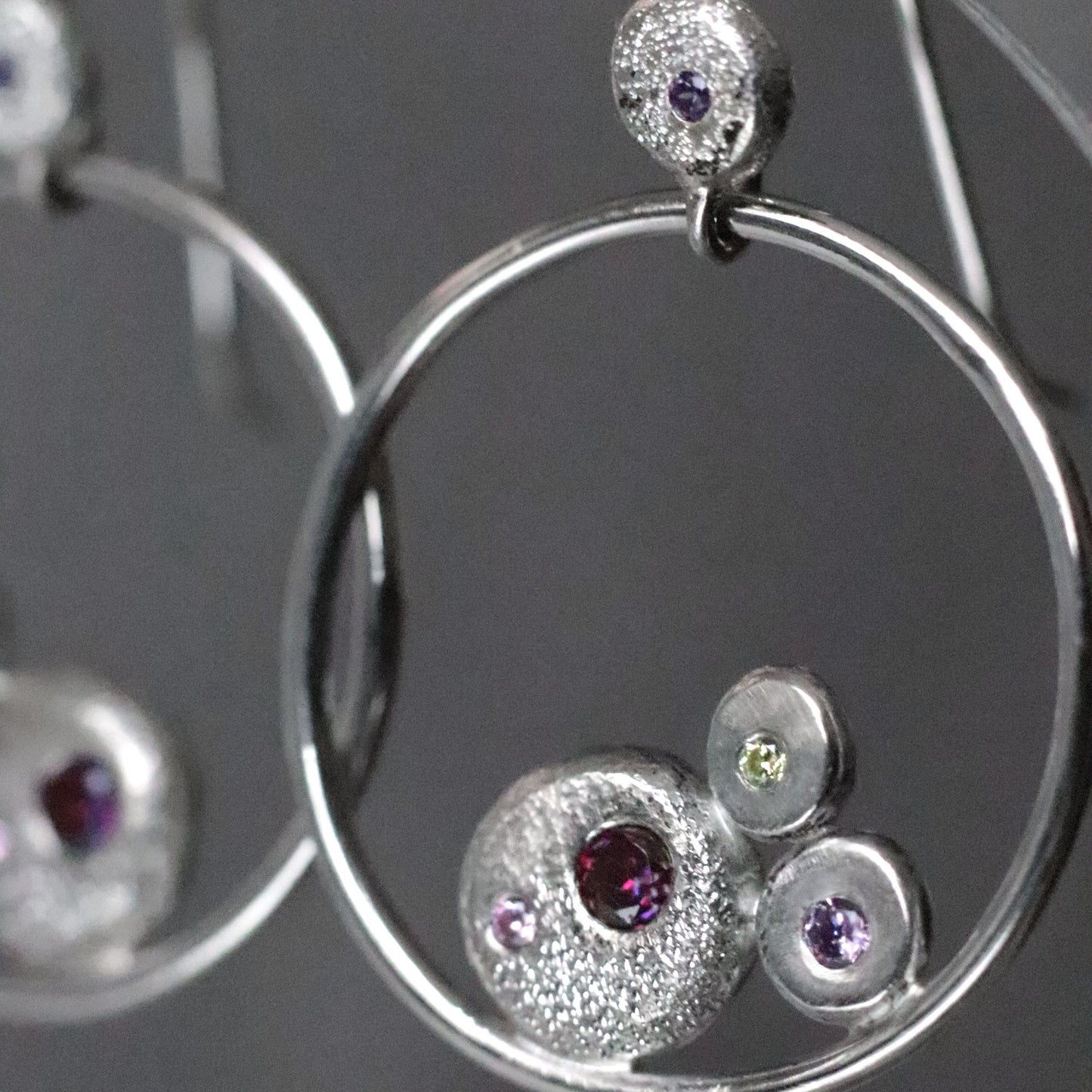Dangly Hoop Earrings with Silver Pebbles and Colourful Cubic Zirconia