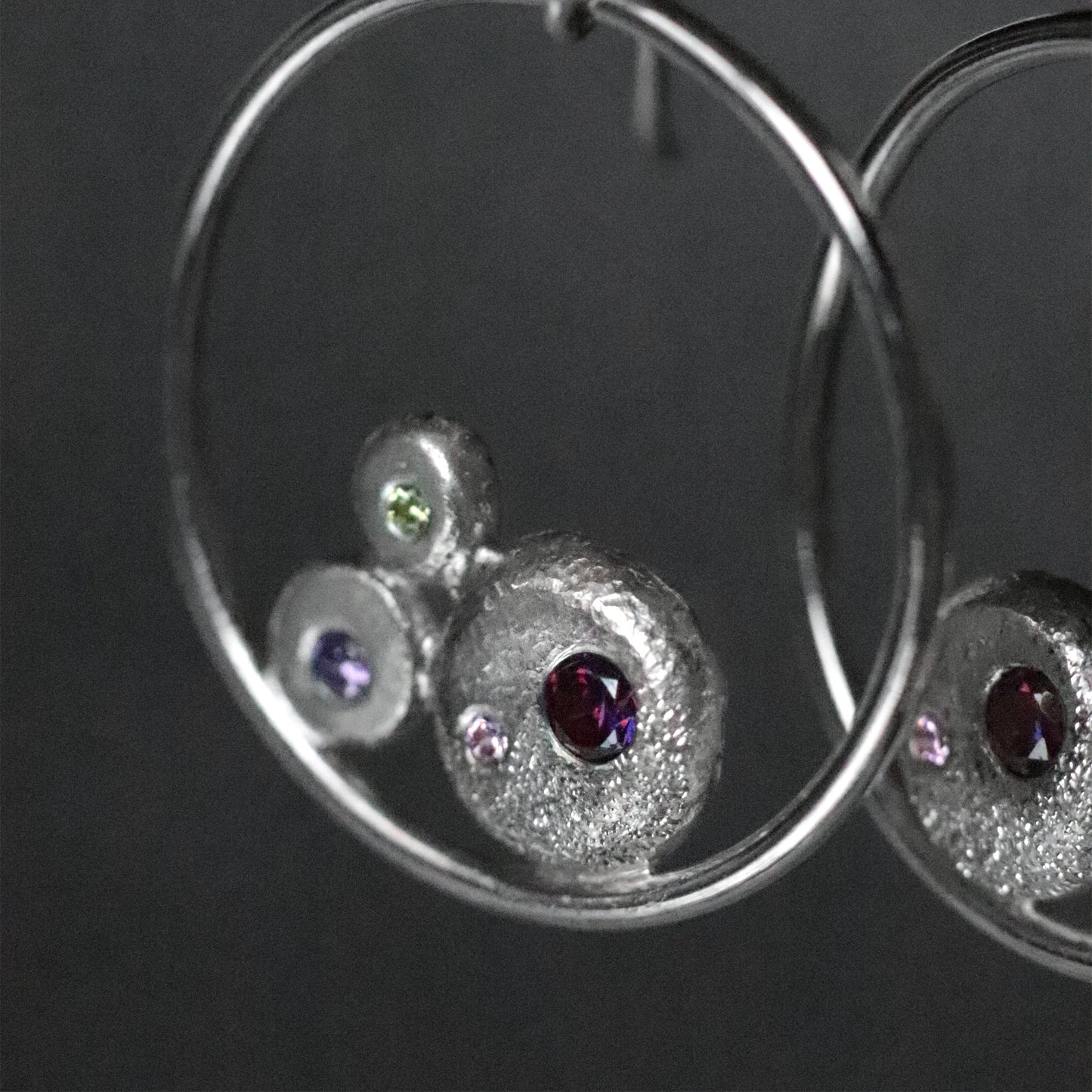 Dangly Hoop Earrings with Silver Pebbles and Colourful Cubic Zirconia