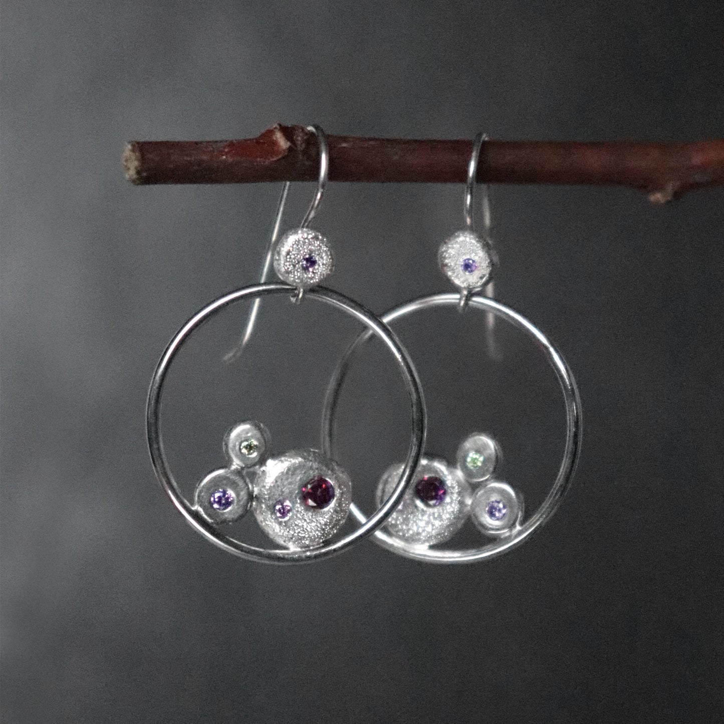 Dangly Hoop Earrings with Silver Pebbles and Colourful Cubic Zirconia