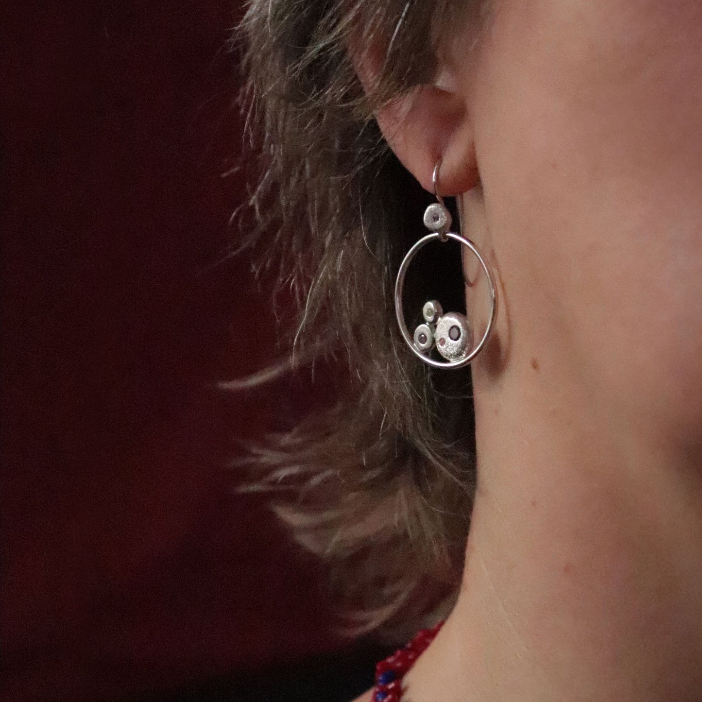 Dangly Hoop Earrings with Silver Pebbles and Colourful Cubic Zirconia