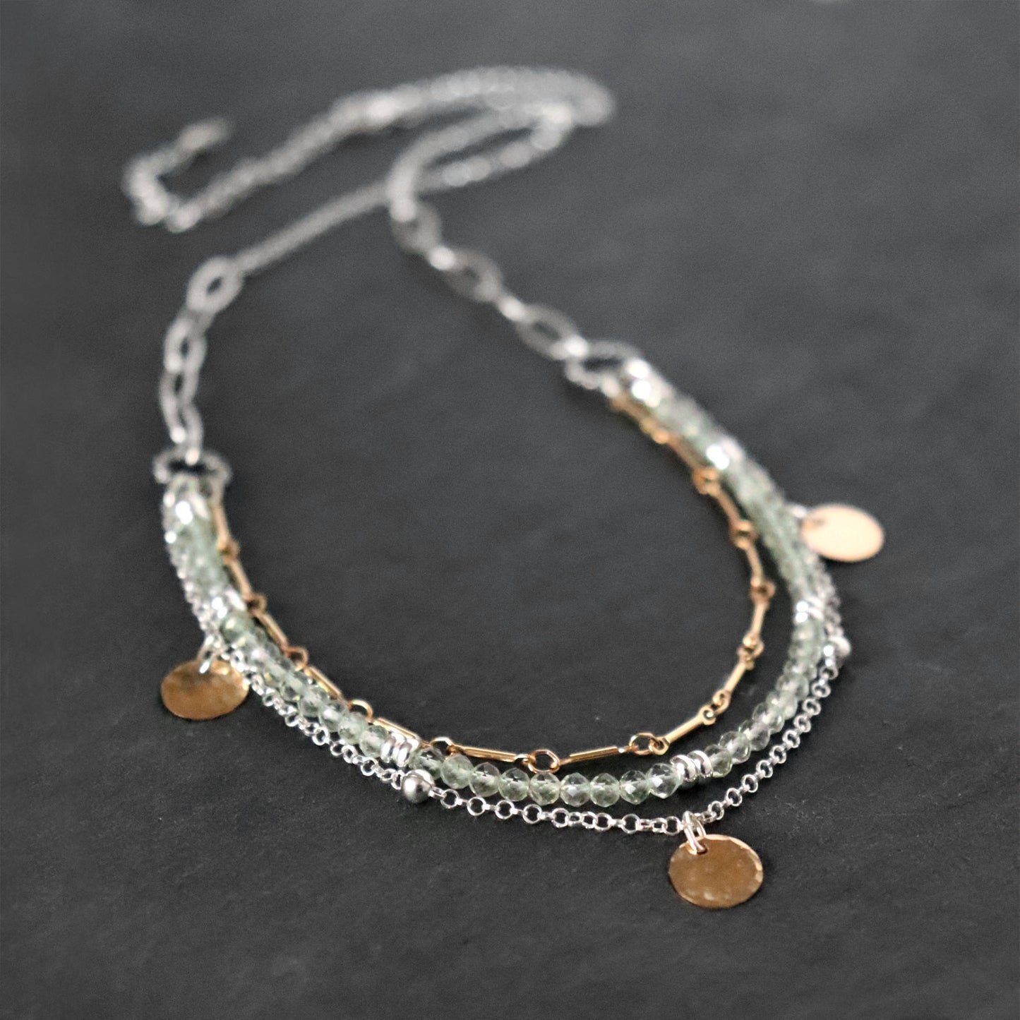 Green Amethyst and Chain Layered Necklace in Mixed Metal