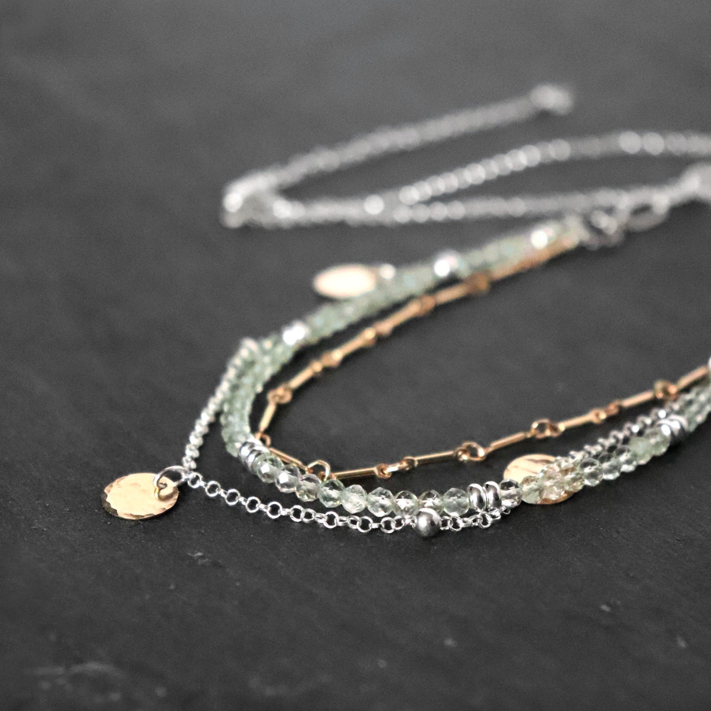 Green Amethyst and Chain Layered Necklace in Mixed Metal