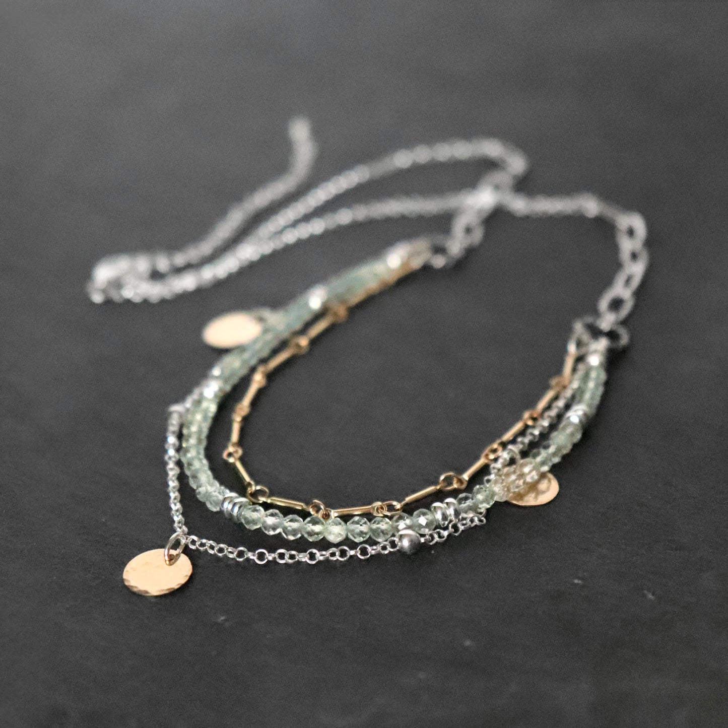 Green Amethyst and Chain Layered Necklace in Mixed Metal