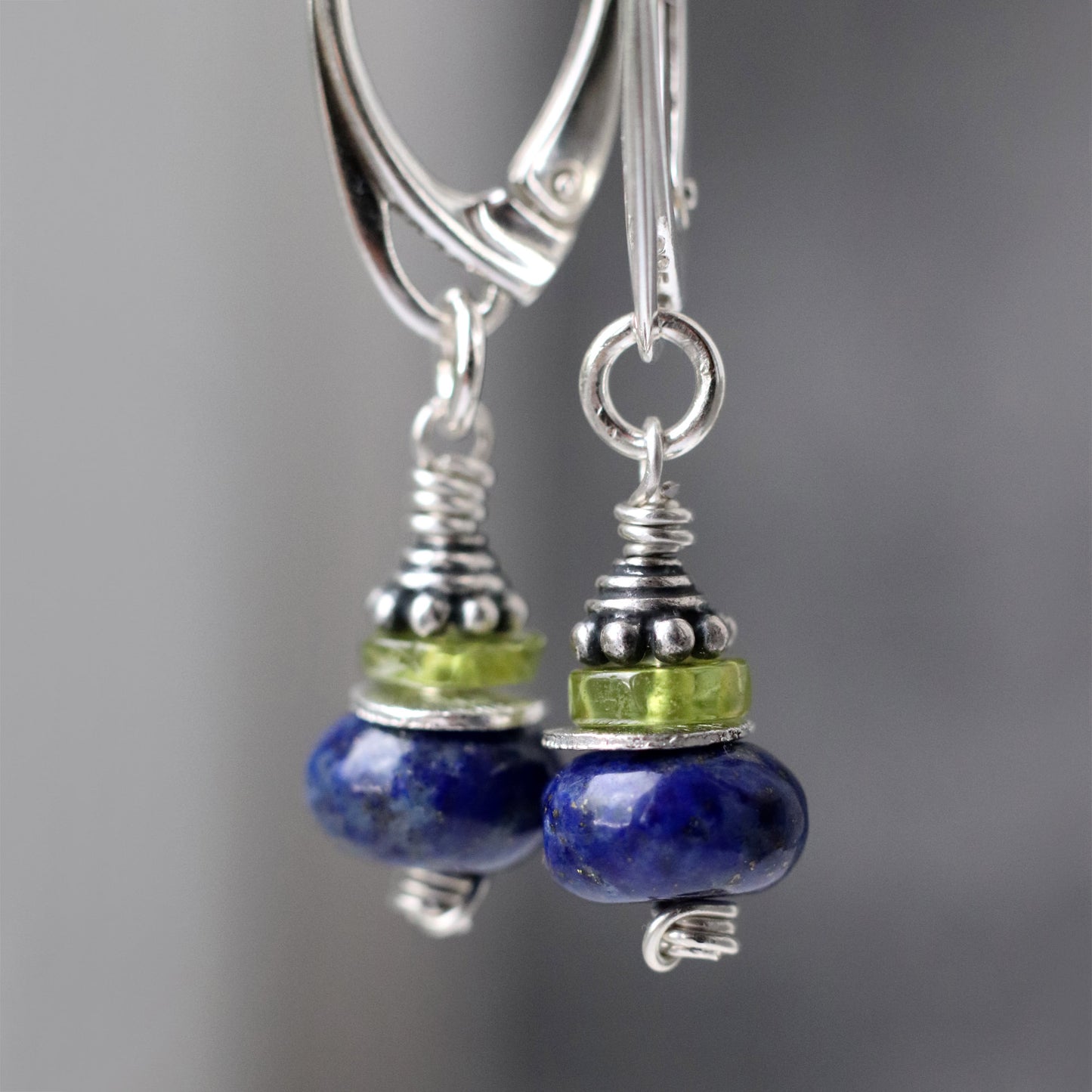 Lapis Lazuli and Peridot Drop Hoop Earrings