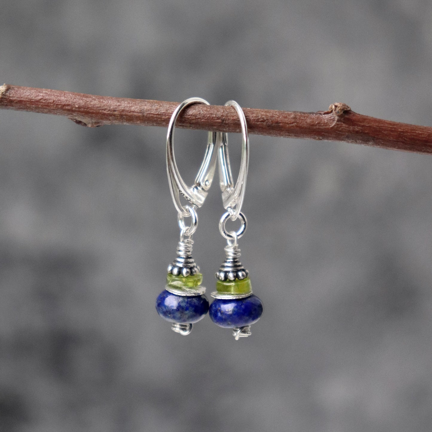 Lapis Lazuli and Peridot Drop Hoop Earrings