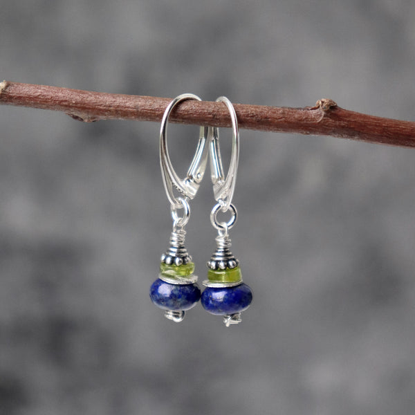 Lapis Lazuli and Peridot Drop Hoop Earrings