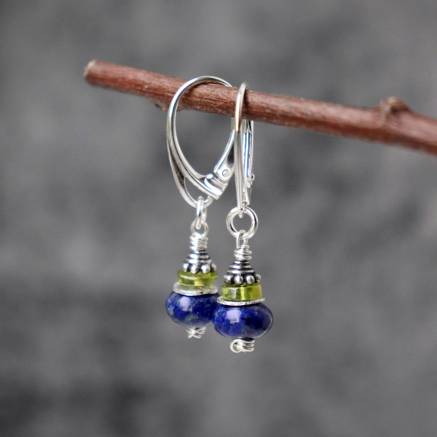 Lapis Lazuli and Peridot Drop Hoop Earrings