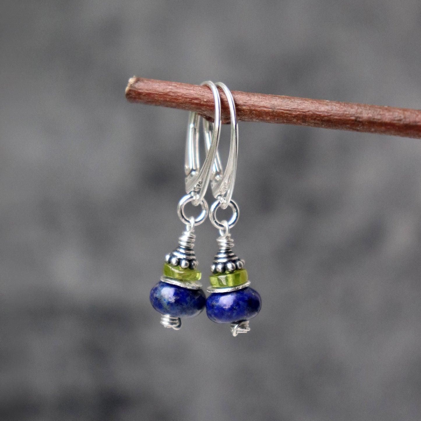 Lapis Lazuli and Peridot Drop Hoop Earrings