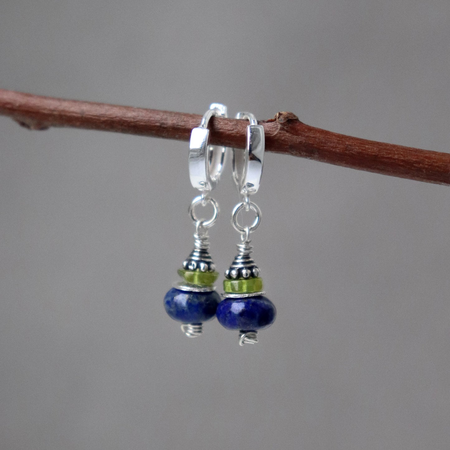 Lapis Lazuli and Peridot Drop Hoop Earrings