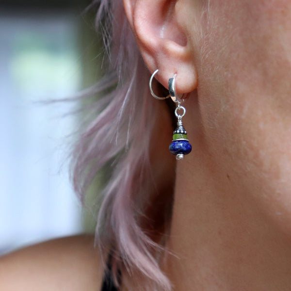 Lapis Lazuli and Peridot Drop Hoop Earrings