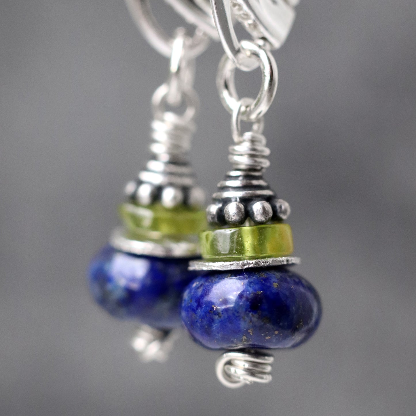 Lapis Lazuli and Peridot Drop Hoop Earrings