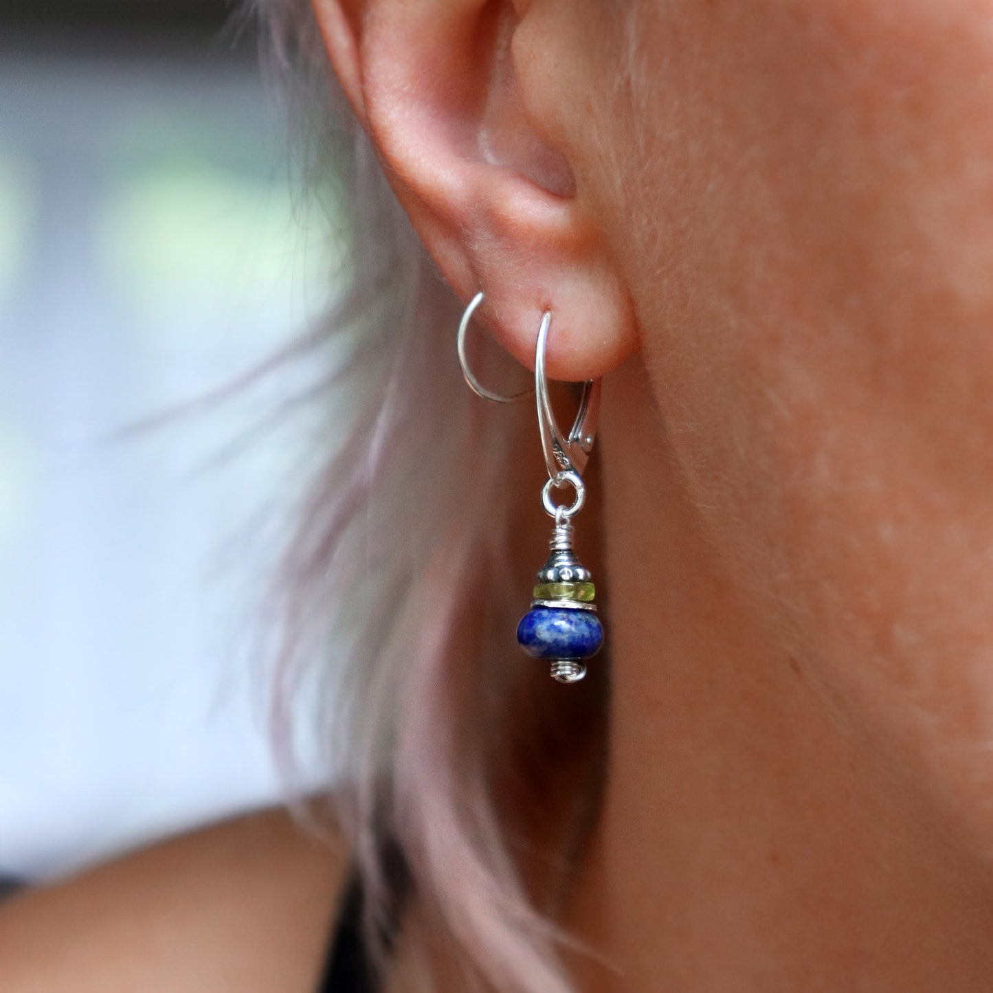 Lapis Lazuli and Peridot Drop Hoop Earrings