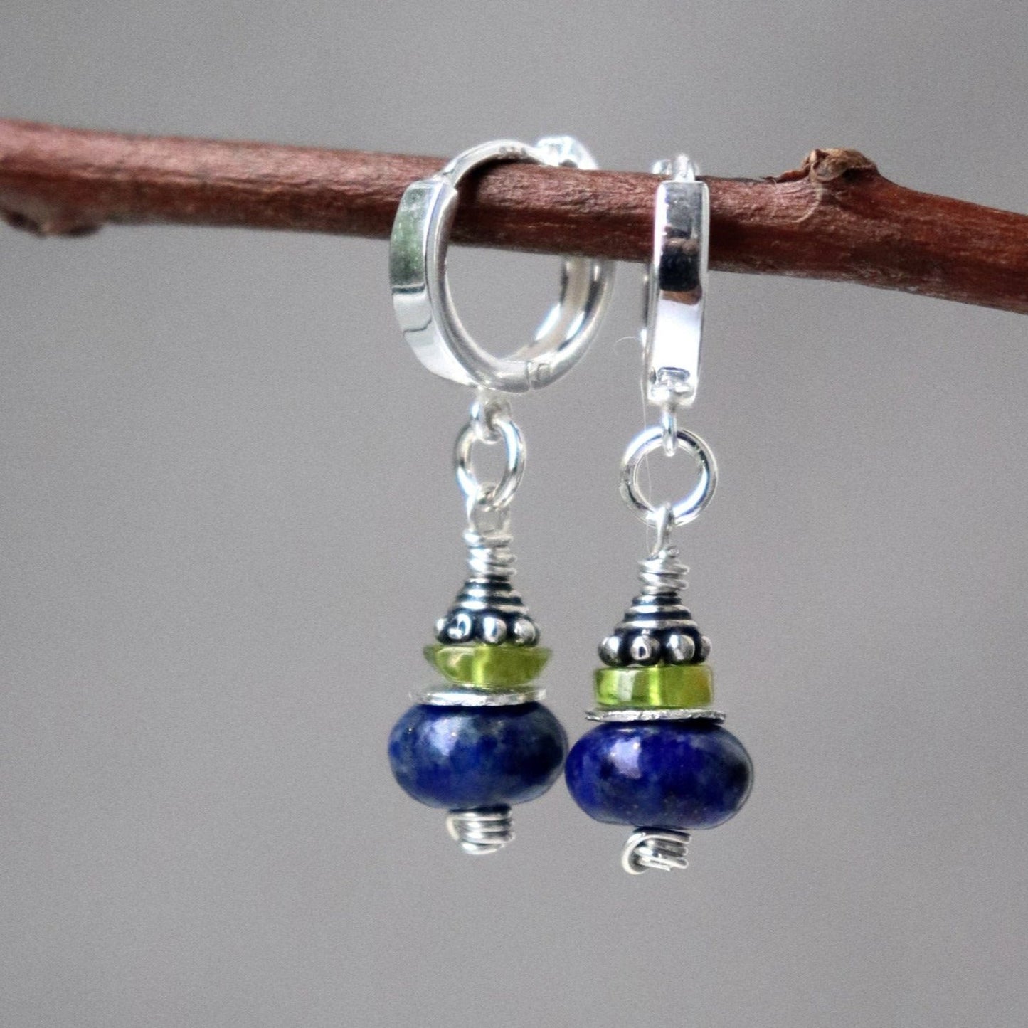 Lapis Lazuli and Peridot Drop Hoop Earrings