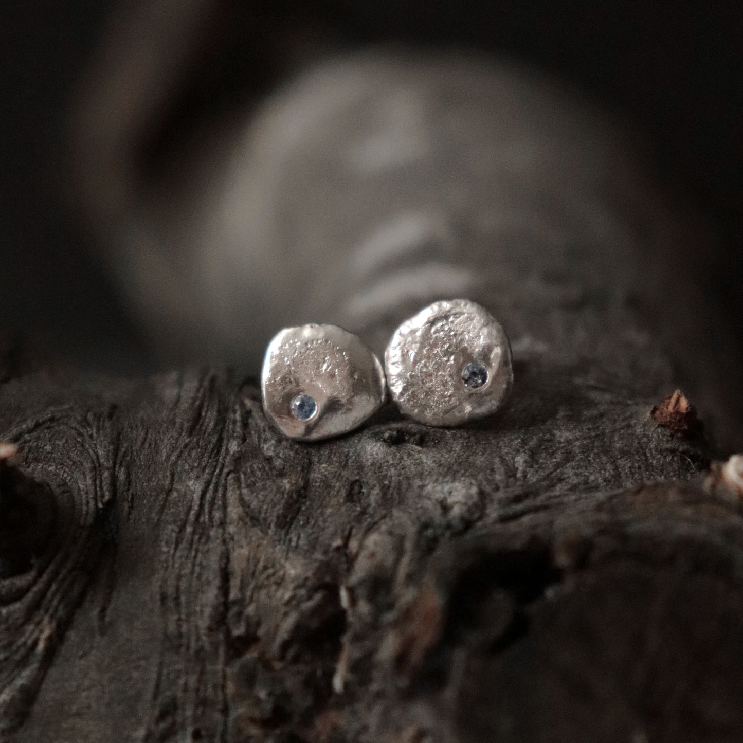 Molten Silver Stud Earrings with Blue Sapphire
