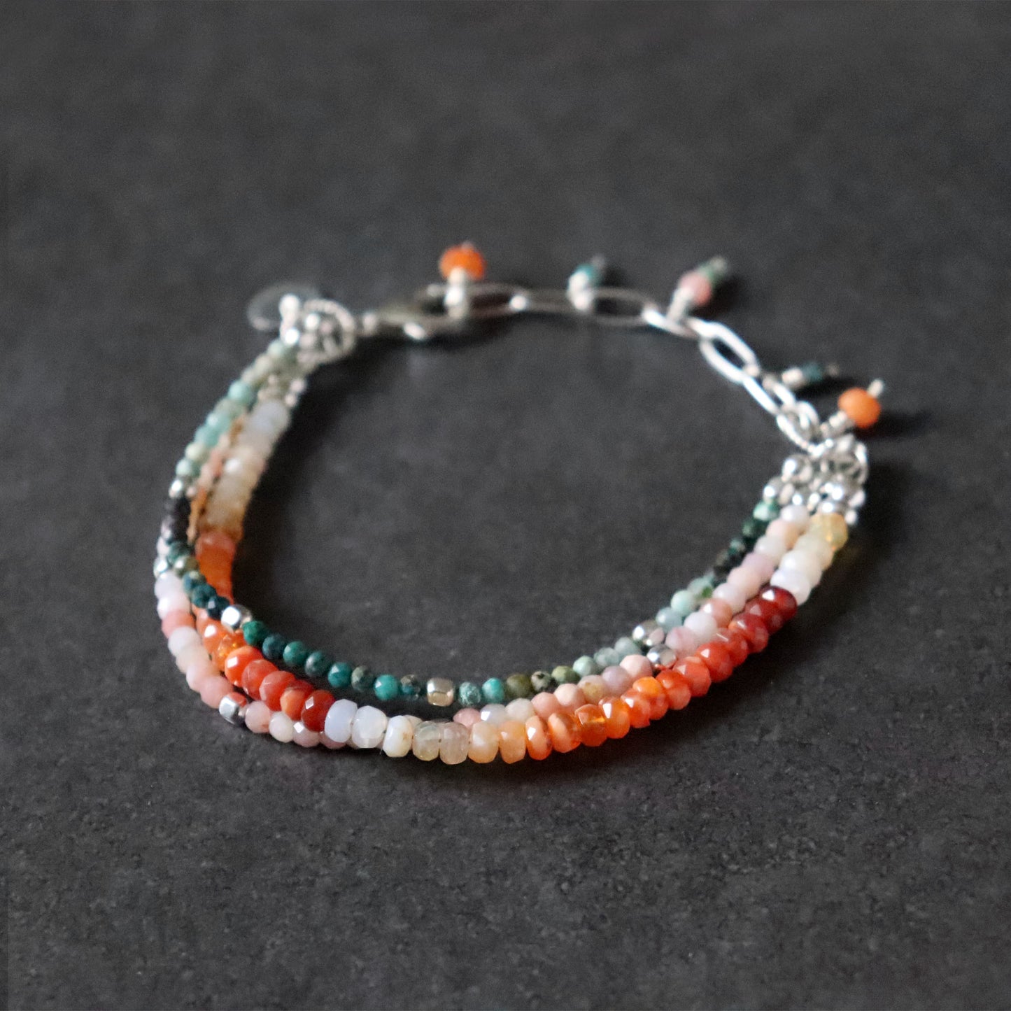 Boho Colourful Multi-Strand Bracelet with Mexican Fire Opal, Pink Opal & Chrysocolla