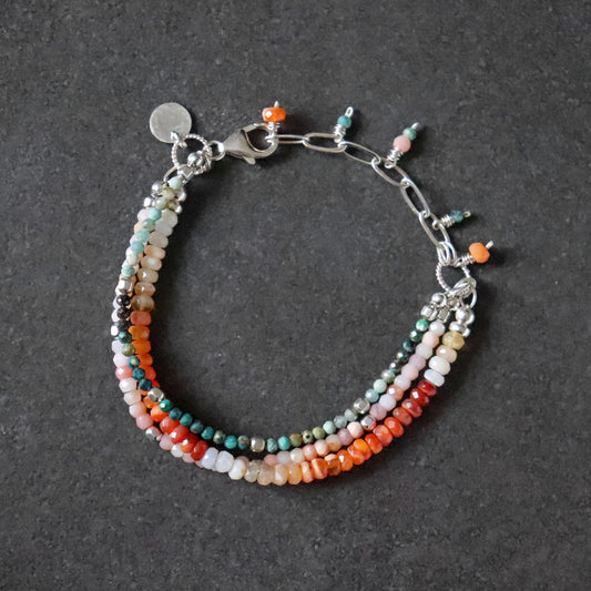 Boho Colourful Multi-Strand Bracelet with Mexican Fire Opal, Pink Opal & Chrysocolla