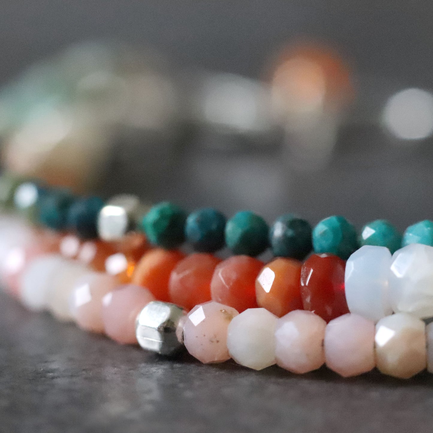 Boho Colourful Multi-Strand Bracelet with Mexican Fire Opal, Pink Opal & Chrysocolla